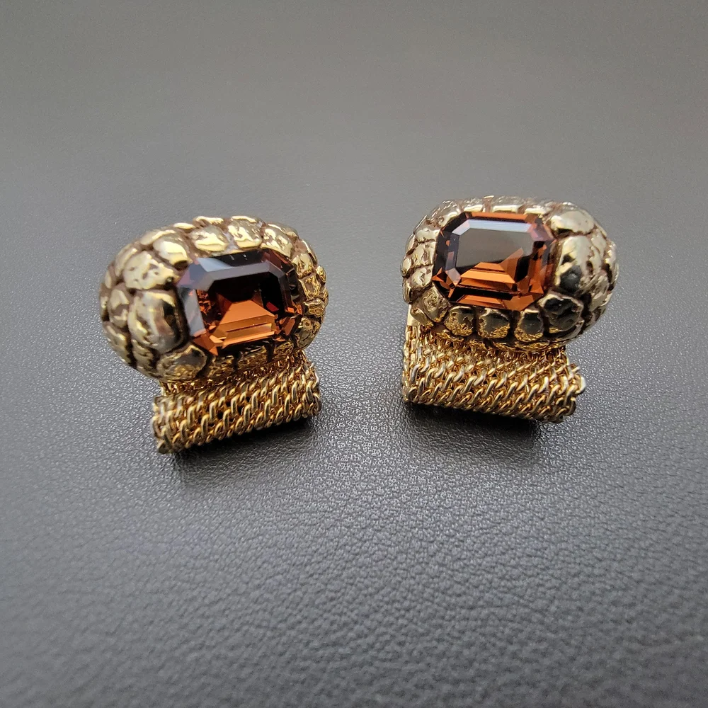 Vintage Gold Mesh Wrap Cufflinks with Amber Glass – Brutalist Deco Statement